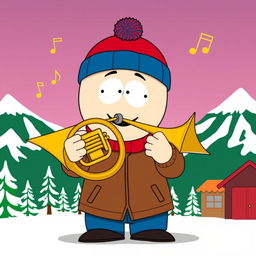 A cartoon character inspired by Stan Marsh from South Park, depicted joyfully playing a French horn