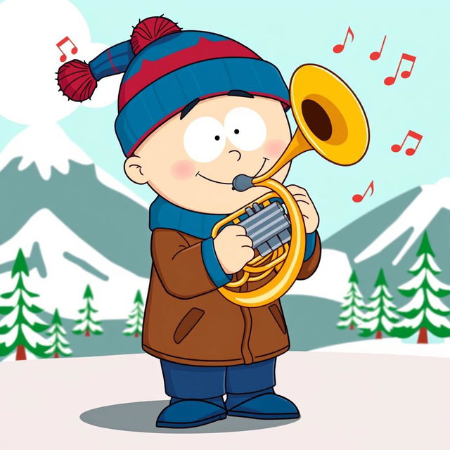 A cartoon character inspired by Stan Marsh from South Park, depicted joyfully playing a French horn