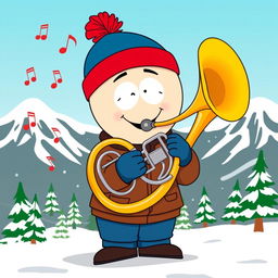 A cartoon character inspired by Stan Marsh from South Park, depicted joyfully playing a French horn
