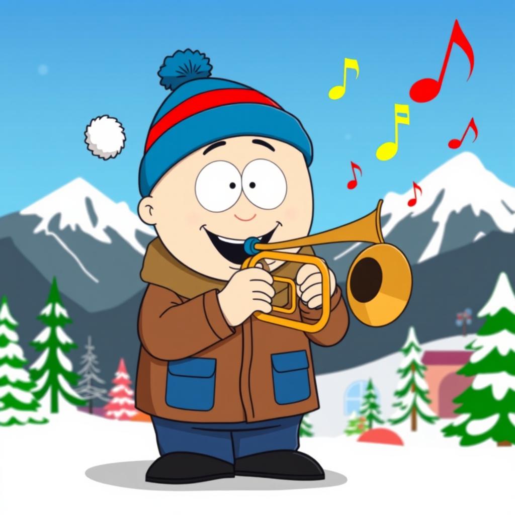 A cartoon character inspired by Stan Marsh from South Park, depicted happily playing a cornet