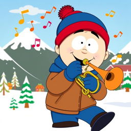 A cartoon character inspired by Stan Marsh from South Park, depicted happily playing a cornet