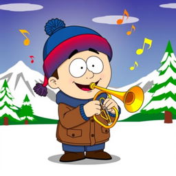 A cartoon character inspired by Stan Marsh from South Park, depicted happily playing a cornet