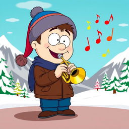A cartoon character inspired by Stan Marsh from South Park, depicted happily playing a cornet