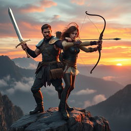 An adventurous duo standing heroically on a rocky cliff, they are dressed in stylish fantasy attire