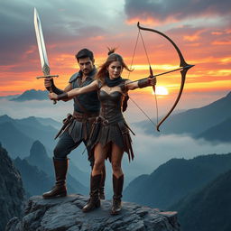 An adventurous duo standing heroically on a rocky cliff, they are dressed in stylish fantasy attire