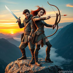 An adventurous duo standing heroically on a rocky cliff, they are dressed in stylish fantasy attire