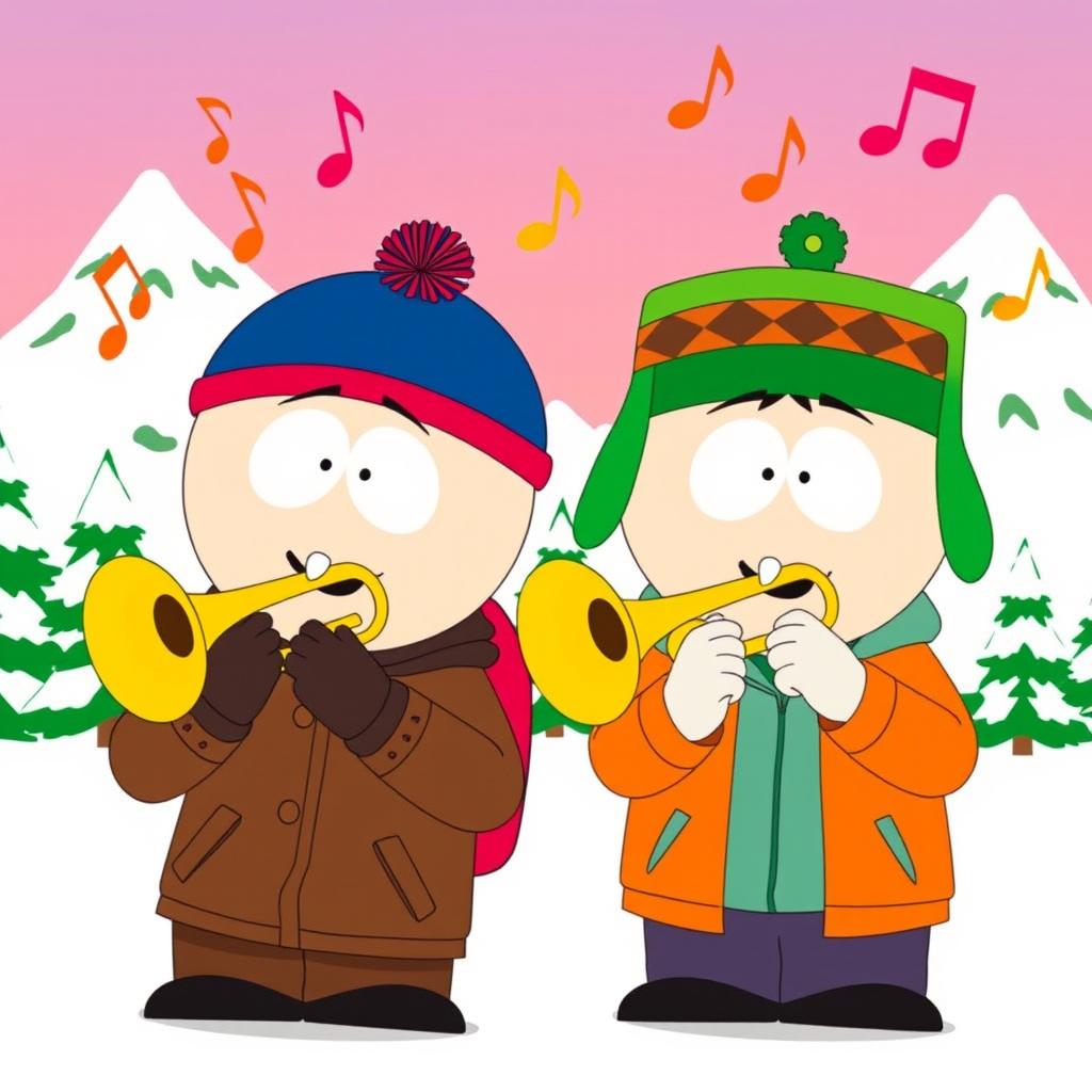 A cartoon scene featuring Stan Marsh and Kyle Broflovski from South Park, both depicted joyfully playing trombones