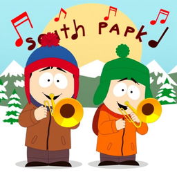 A cartoon scene featuring Stan Marsh and Kyle Broflovski from South Park, both depicted joyfully playing trombones