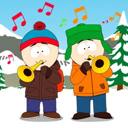 A cartoon scene featuring Stan Marsh and Kyle Broflovski from South Park, both depicted joyfully playing trombones