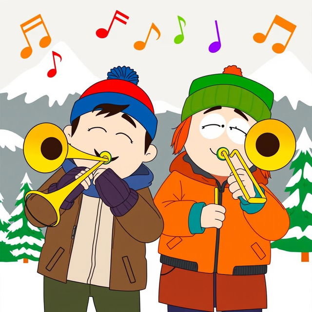 A cartoon scene featuring Stan Marsh and Kyle Broflovski from South Park, both depicted joyfully playing trombones