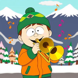 A cartoon character inspired by Kyle Broflovski from South Park, depicted joyfully playing a trombone