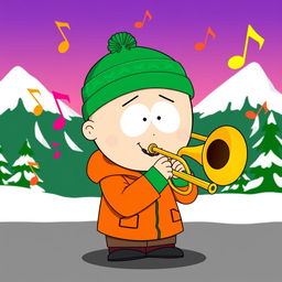 A cartoon character inspired by Kyle Broflovski from South Park, depicted joyfully playing a trombone