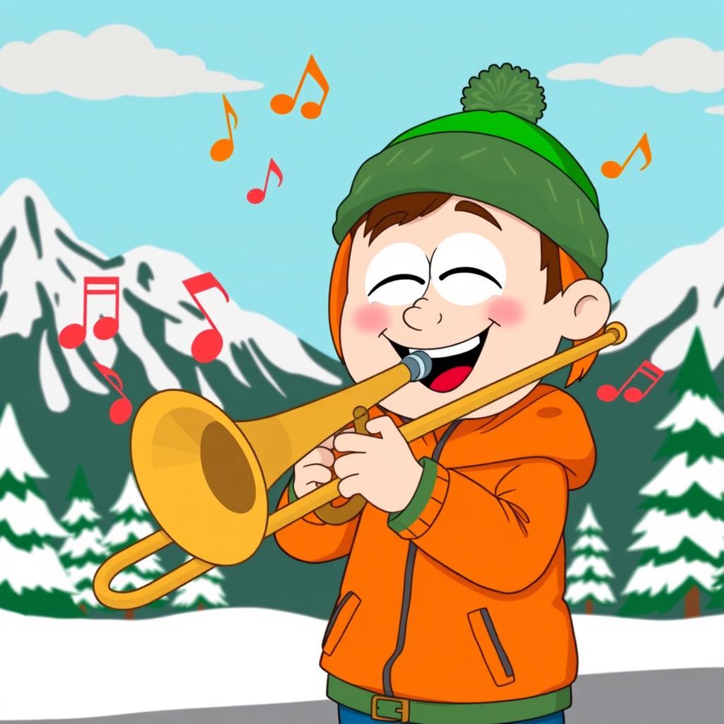 A cartoon character inspired by Kyle Broflovski from South Park, depicted joyfully playing a trombone