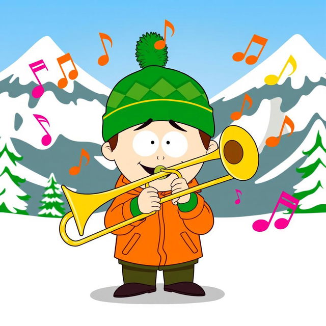 A cartoon character inspired by Kyle Broflovski from South Park, depicted joyfully playing a trombone