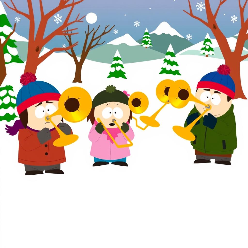 A group of four animated characters reminiscent of a South Park style, happily playing trombones together in a vibrant and colorful outdoor setting