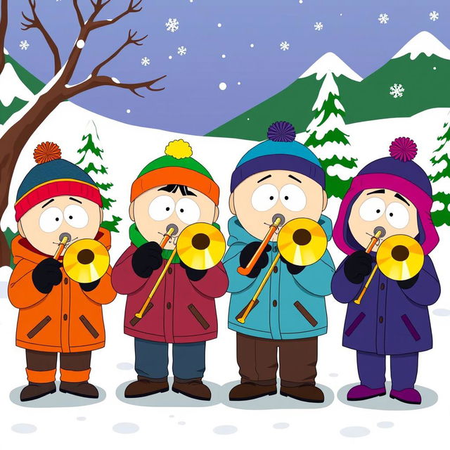 A group of four animated characters reminiscent of a South Park style, happily playing trombones together in a vibrant and colorful outdoor setting