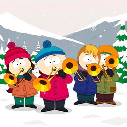 A group of four animated characters reminiscent of a South Park style, happily playing trombones together in a vibrant and colorful outdoor setting