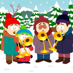 A group of four animated characters reminiscent of a South Park style, happily playing trombones together in a vibrant and colorful outdoor setting