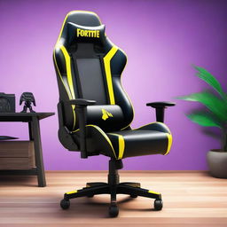 A 32K resolution editorial image of a gaming chair, strongly imbued with Fortnite-inspired aesthetics, bringing to life the vibrant and action-packed theme