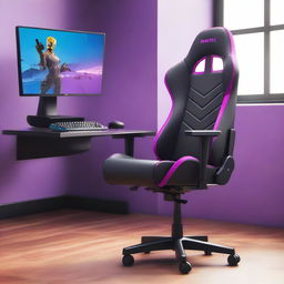 A 32K resolution editorial image of a gaming chair, strongly imbued with Fortnite-inspired aesthetics, bringing to life the vibrant and action-packed theme