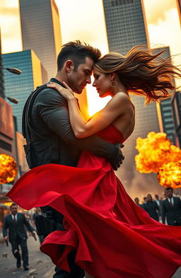 A passionate action romance scene set in a bustling urban city at sunset