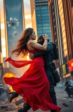 A passionate action romance scene set in a bustling urban city at sunset