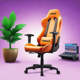 A 32K resolution editorial image of a gaming chair, strongly imbued with Fortnite-inspired aesthetics, bringing to life the vibrant and action-packed theme