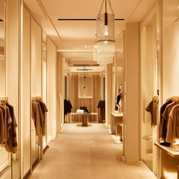 Interior of a boutique shop, meticulously designed with chic decor, elegant clothing displays, plush fitting rooms, and stylish lighting fixtures.