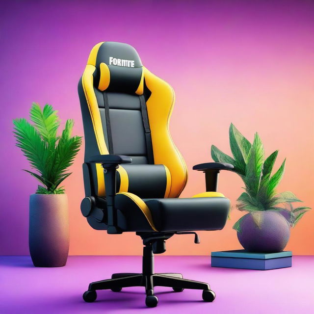 A 32K resolution editorial image of a gaming chair, strongly imbued with Fortnite-inspired aesthetics, bringing to life the vibrant and action-packed theme