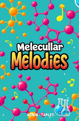 A whimsical and colorful book cover design for a chemistry riddles book titled "Molecular Melodies"