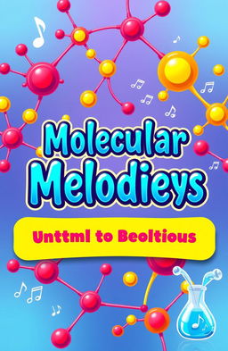 A whimsical and colorful book cover design for a chemistry riddles book titled "Molecular Melodies"