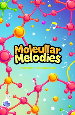 A whimsical and colorful book cover design for a chemistry riddles book titled "Molecular Melodies"