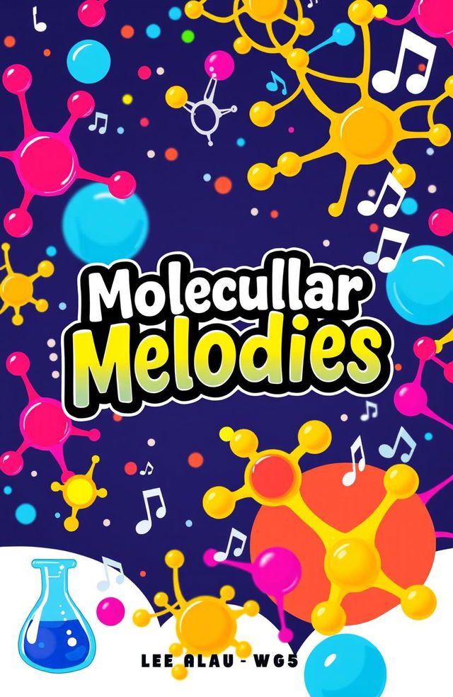 A whimsical and colorful book cover design for a chemistry riddles book titled "Molecular Melodies"