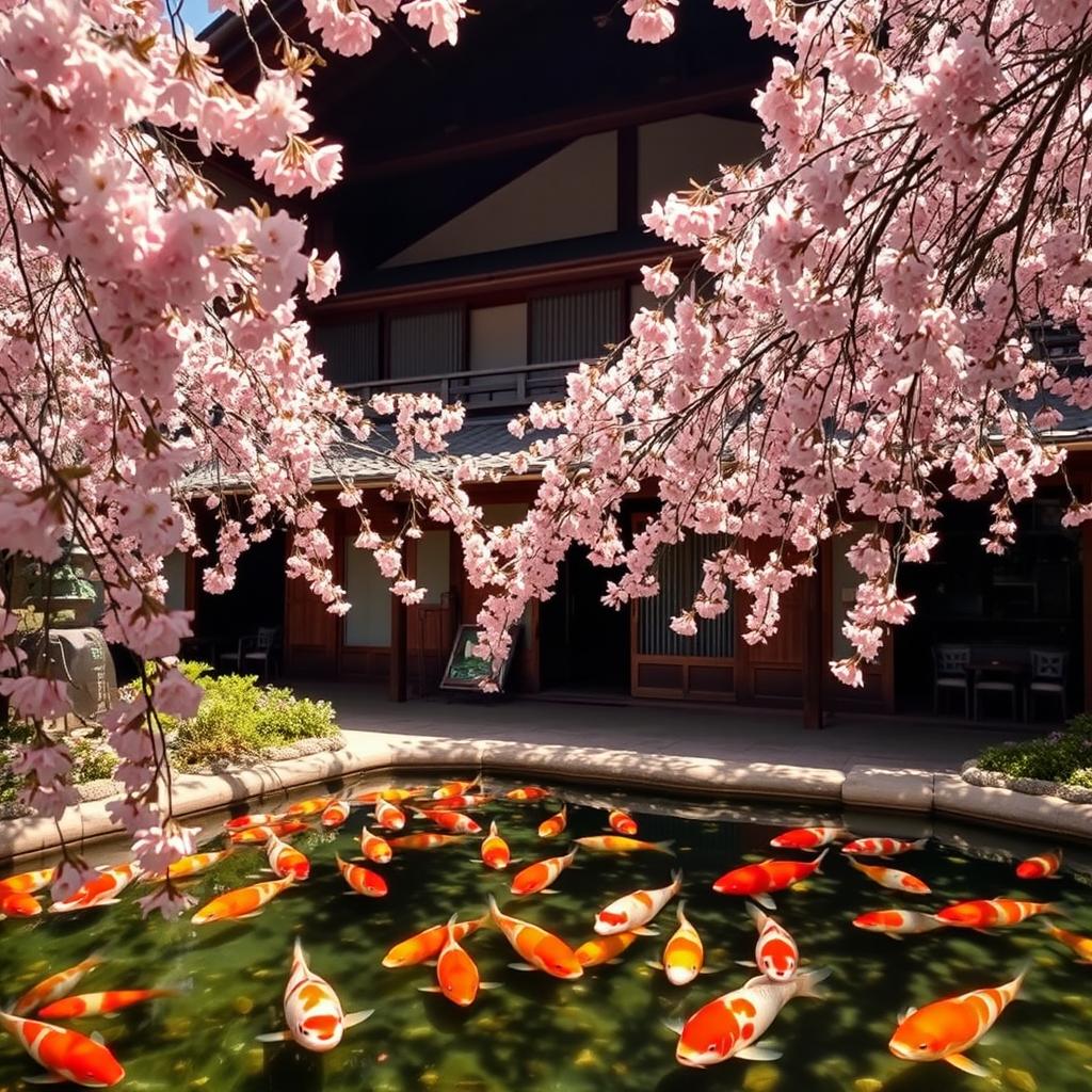 Explore the beauty of an ancient Japanese restaurant surrounded by blooming cherry blossom trees, with their delicate pink flowers cascading down