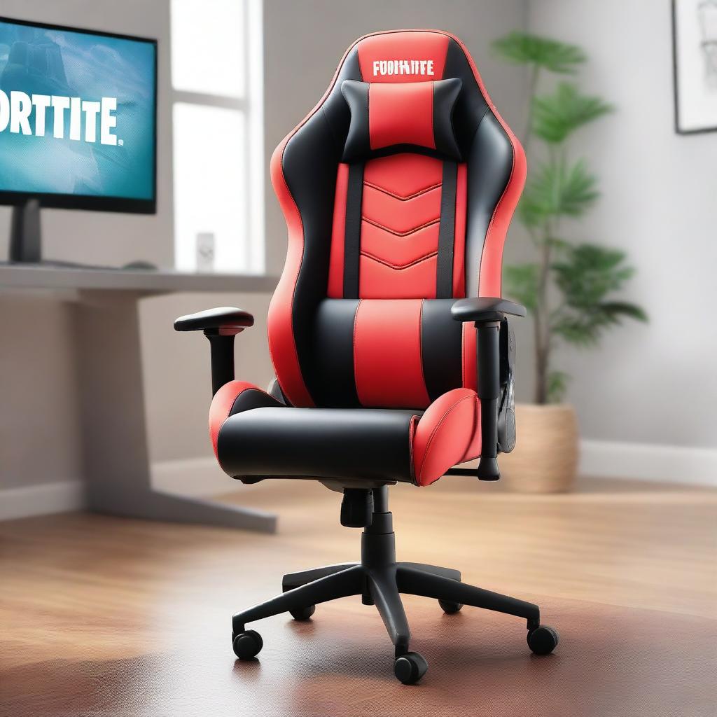 Capture a 32K resolution, 200mm product editorial photograph of a gaming chair, heavily influenced by Fortnite's vibrant and dynamic style