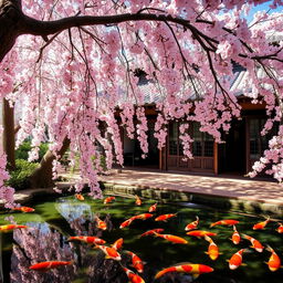 Explore the beauty of an ancient Japanese restaurant surrounded by blooming cherry blossom trees, with their delicate pink flowers cascading down