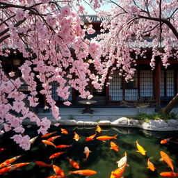 Explore the beauty of an ancient Japanese restaurant surrounded by blooming cherry blossom trees, with their delicate pink flowers cascading down