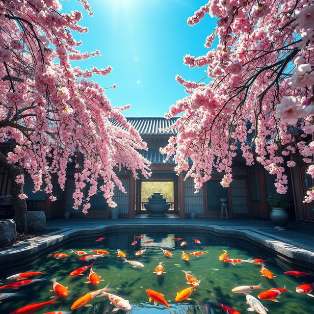 Explore the beauty of an ancient Japanese restaurant surrounded by blooming cherry blossom trees, with their delicate pink flowers cascading down