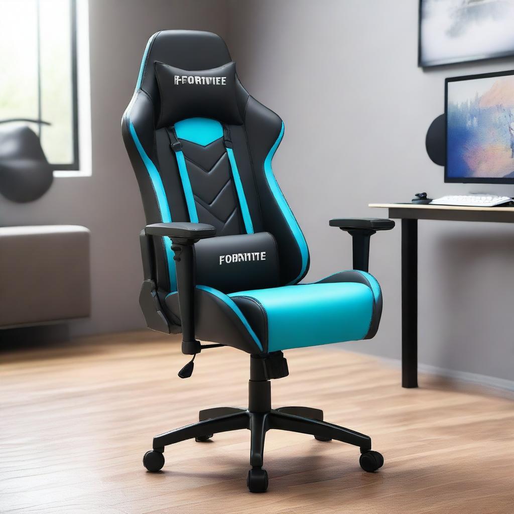 Capture a 32K resolution, 200mm product editorial photograph of a gaming chair, heavily influenced by Fortnite's vibrant and dynamic style