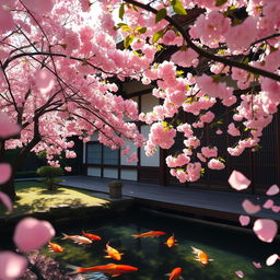 Explore the beauty of an eternal traditional ancient Japanese house, surrounded by vibrant cherry blossom trees in full bloom, with petals gently falling and framing the scene