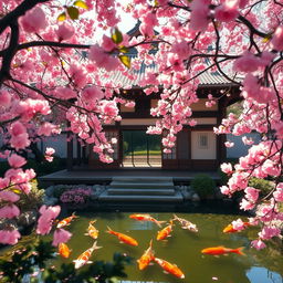 Explore the beauty of an eternal traditional ancient Japanese house, surrounded by vibrant cherry blossom trees in full bloom, with petals gently falling and framing the scene