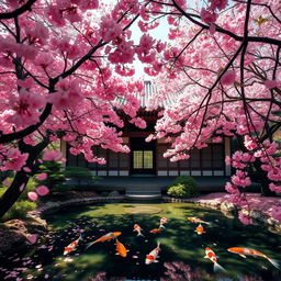 Explore the beauty of an eternal traditional ancient Japanese house, surrounded by vibrant cherry blossom trees in full bloom, with petals gently falling and framing the scene