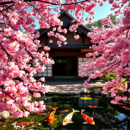 Explore the beauty of an eternal traditional ancient Japanese house, surrounded by vibrant cherry blossom trees in full bloom, with petals gently falling and framing the scene
