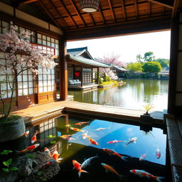 Explore the beauty of an ancient traditional Japanese house by the serene lakeside, surrounded by tranquil koi ponds