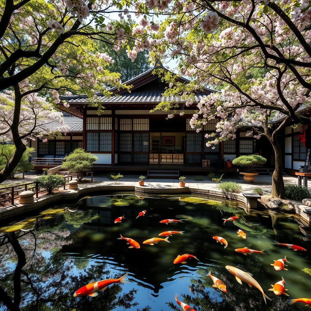 Explore the beauty of an ancient traditional Japanese house by the serene lakeside, surrounded by tranquil koi ponds