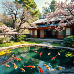 Explore the beauty of an ancient traditional Japanese house by the serene lakeside, surrounded by tranquil koi ponds