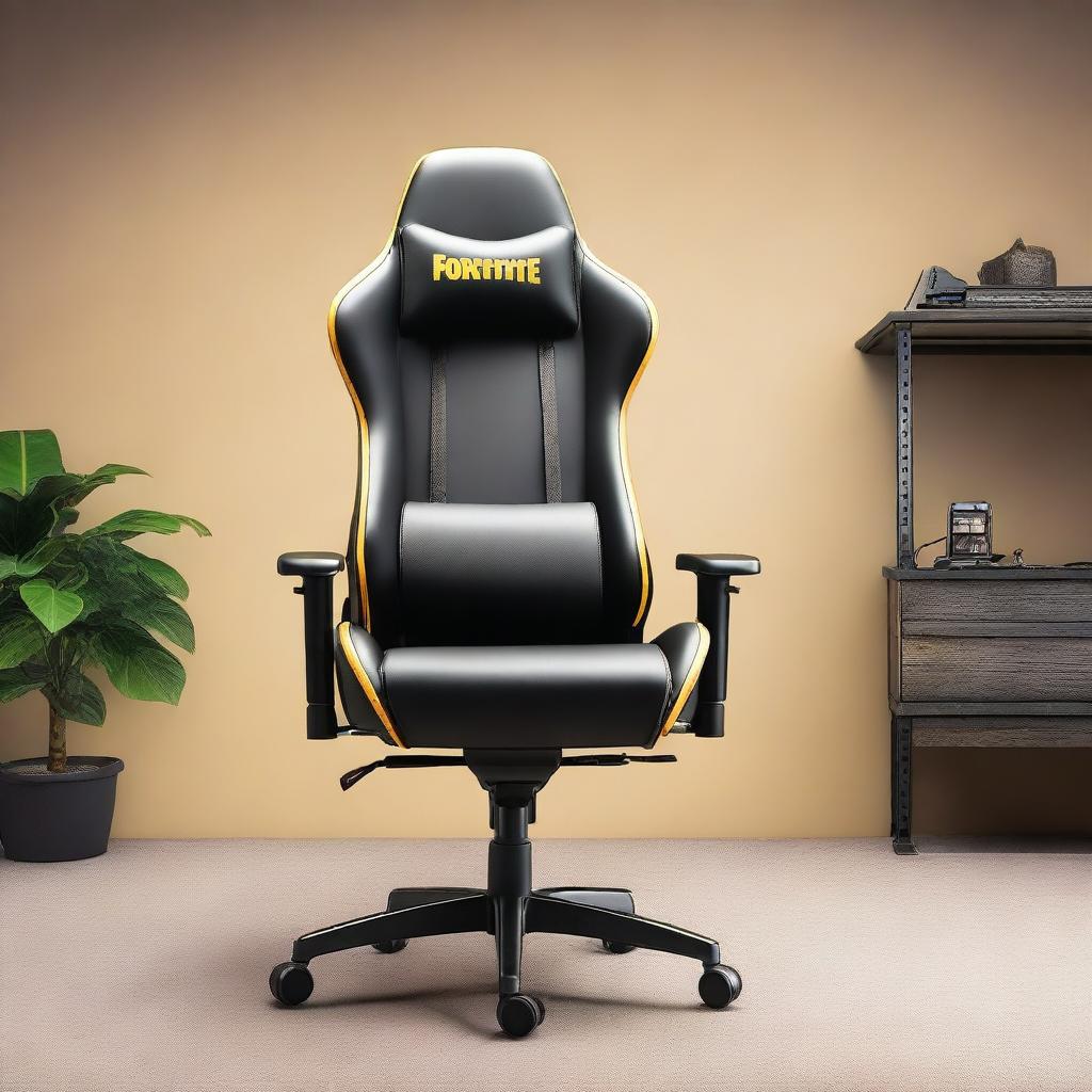 A 32K resolution editorial photograph of a gaming chair, designed with stunning Fortnite graphics emblazoned across it