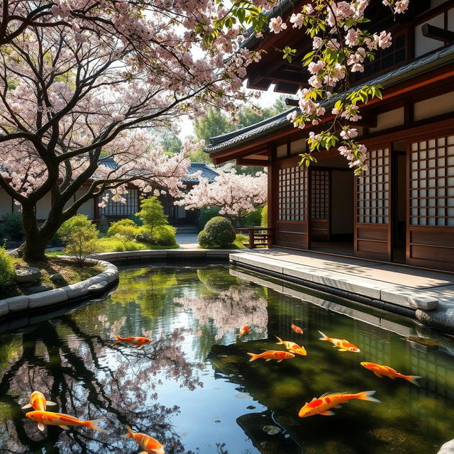 Explore the beauty of an ancient traditional Japanese house by the serene lakeside, surrounded by tranquil koi ponds