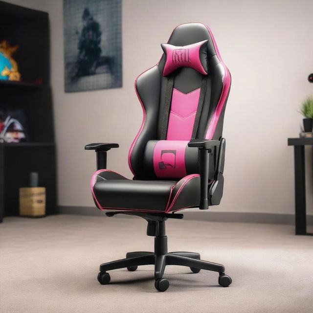 A 32K resolution editorial photograph of a gaming chair, designed with stunning Fortnite graphics emblazoned across it