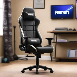 A 32K resolution editorial photograph of a gaming chair, designed with stunning Fortnite graphics emblazoned across it